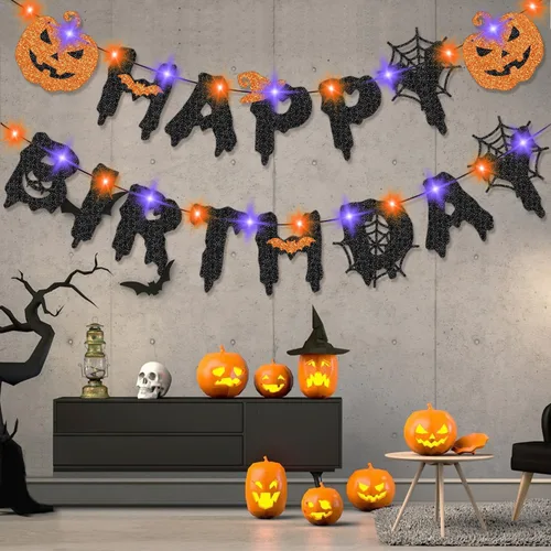 Cartel de feliz cumpleaños de Halloween con luces, decoración de fiesta de cumpleaños de Halloween iluminada para mujeres, hombres, niñas y niños,