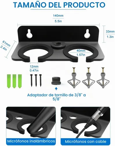 Vista 6 de Soporte de micrófono doble para soporte, montado en la pared para 2