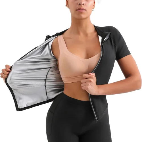 Vista 6 de Sauna Suit Hot Sweat Body Shaper Jacket Waist Trainer Long Sleeve Zipper Shirt Workout Top