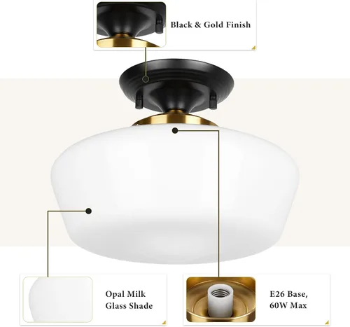 Vista 3 de Lámpara de techo semiempotrada estilo Schoolhouse, lámpara de techo moderna de 12 pulgadas en negro y dorado con pantalla de vidrio de leche