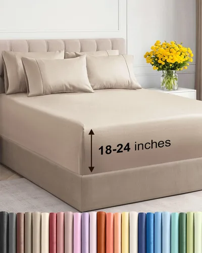 Vista 14 de Juego de sábanas de bolsillo extraprofundo, transpirables, refrescantes, suaves, de ajuste fácil y seguro, sin arrugas y cómodas, para hotel, 4