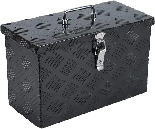 Caja de herramientas chapada en aluminio de 16 pulgadas, caja de herramientas con asa lateral, cerradura impermeable y llaves, color negro