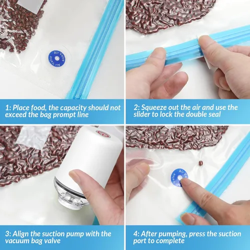 Vista 4 de Bolsas Sous Vide 28 piezas, sin BPA, reutilizables, con válvula de aire, almacenamiento de alimentos de doble capa para cocinar, almacenar alimentos