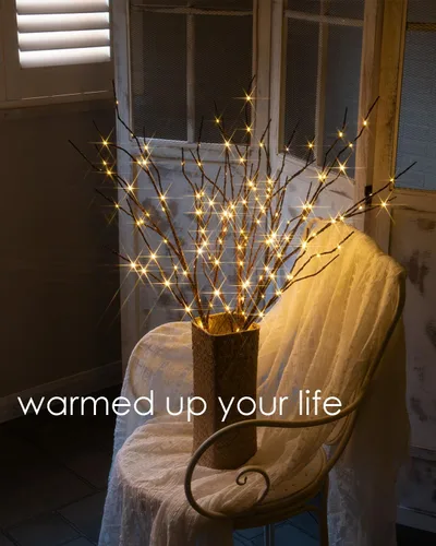 Vista 3 de Ramas iluminadas para jarrón de 32 pulgadas de alto, 150 luces LED, enchufe, ramas artificiales de sauce marrón con temporizador para decoración