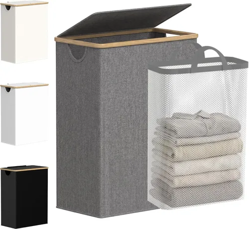 Vista 13 de efluky Cesta de lavandería delgada con tapa, cesta estrecha para la ropa sucia con bolsa extraíble, cesta de ropa sucia delgada con asas de bambú