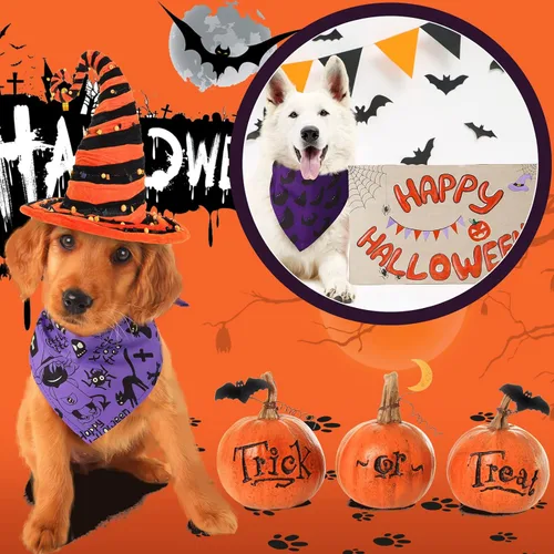 Vista 2 de Xuniea Paquete de 50 bandanas de Halloween para perro, bufanda grande para perro, pañuelo, accesorios para cachorros medianos y pequeños