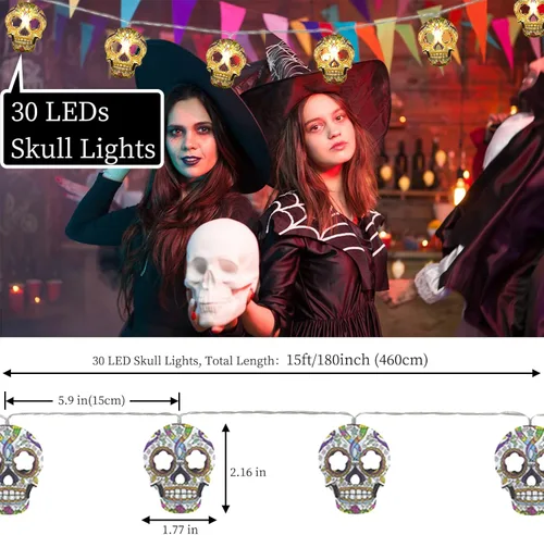 Vista 3 de Guirnalda de luces de Halloween, 2 paquetes de luces de calavera de 15 pies, 30 LED, luces de hadas de Halloween, luces de decoración de otoño