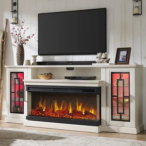 Vista 13 de 59 Inch LED TV Stand with 3-Side Glass Fireplace, Modern Media Entertainment Center Console Table for TVs up to 65 Inch with Adjustable Flame & LED