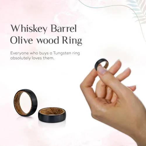 Vista 5 de Anillo de boda de tungsteno con barril de whisky, anillo de madera de tungsteno para boda, anillo minimalista de compromiso para parejas, anillo