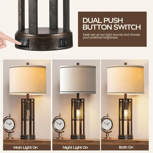 Vista 2 de Juego de 2 lámparas de mesa industriales de granja de 28 pulgadas - Lámparas rústicas de mesita de noche con puertos USB A+C duales, lámparas