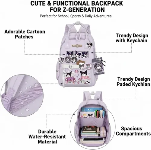 Vista 6 de Mochila kawaii, resistente al agua, transpirable, con múltiples bolsillos, adecuada para viajes y como regalo de cumpleaños, Morado08, Mediana