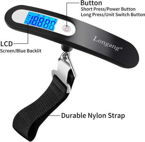 Vista 4 de Báscula digital colgante para equipaje de 110 libras con retroiluminación para viajes, mango de pintura de goma y batería incluida