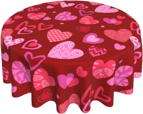 Sweetshow Mantel redondo para el día de San Valentín de 60 pulgadas, rústico, romántico, rosa, rojo, corazón, estampado de corazón, con decoración