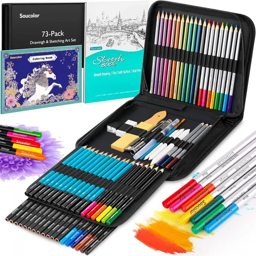 Soucolor Paquete de 73 suministros de arte para adultos, regalos de artistas, suministros escolares, lápices de dibujo con cuaderno de bocetos,