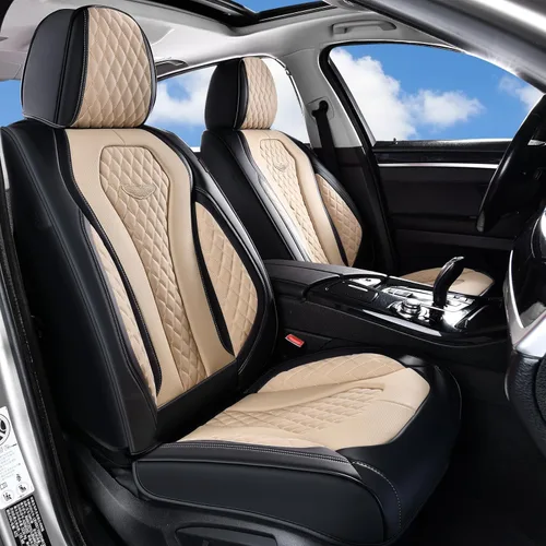 Vista 10 de Coverado - Fundas para asientos de auto, de cuero para asientos delanteros, fundas beige impermeables, cojín de asiento, protector de asiento