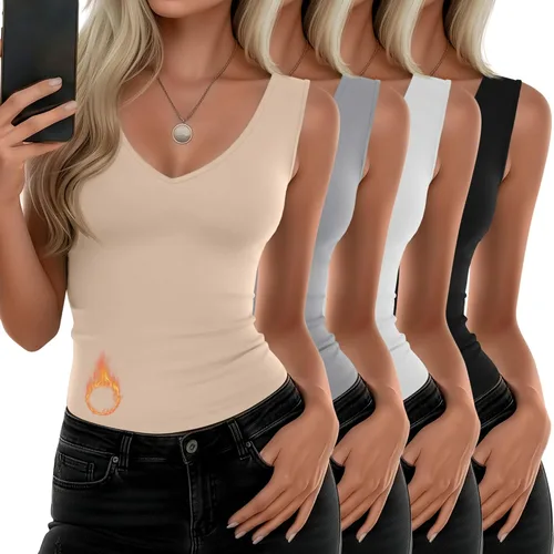 Vista 13 de Paquete de 4 camisetas térmicas sin mangas para mujer, con cuello en V, forro polar, sin mangas, cálido, chaleco de capa base