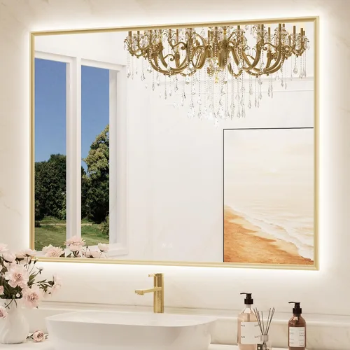 Vista 23 de TokeShimi Espejo de baño con marco negro de 40 x 30 pulgadas con luces delanteras y retroiluminación de aleación de aluminio rectangular, borde