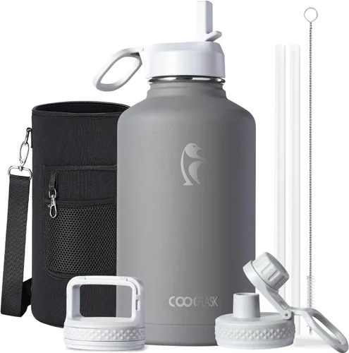 Vista 36 de Coolflask - Botella de agua de 64 onzas aislada, con popote y 3 tapas, de acero inoxidable con boca ancha, libre de BPA, mantiene las bebidas frías