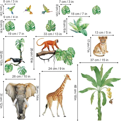 Vista 4 de decalmile Calcomanías de pared de animales de la selva, elefante, jirafa, hojas tropicales, pegatinas de pared, sala de estar, bebé, guardería