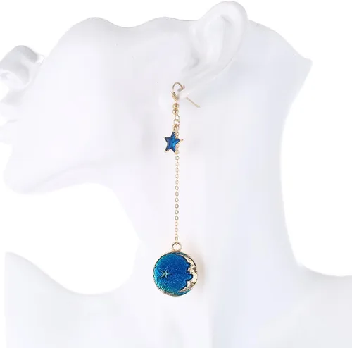 Vista 5 de SUNSCSC Aretes largos con forma de estrella con luna esmaltada para mujer y niña