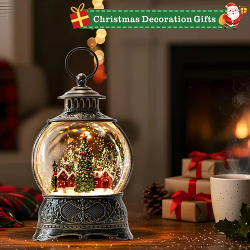 Vista 4 de Globos de Nieve Navideños Linterna de Agua con Aldea de Árbol de Navidad, Música y Temporizador de 6H, USB con Cable/Funciona con Batería, Linternas