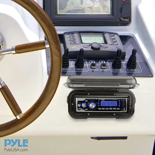 Vista 6 de Pyle Durable Universal Marine Stereo Cover - Water Resistant Boat Radio Protector Shield with Flip-Up Door & Neoprene Gasket - Compatible with Dual