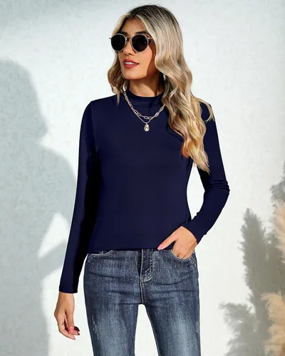 Vista 3 de Ficerd Paquete de 3 camisas de cuello alto falso para mujer, manga larga, cuello alto, sin botones, ajustadas, elásticas, blusa
