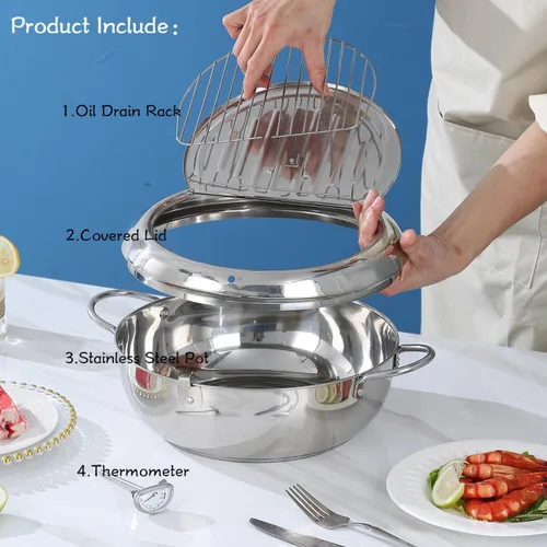 Vista 2 de Olla para freidora profunda de 11 pulgadas con control de temperatura °F y escurridor de goteo de aceite para papas fritas, pollo, tempura japonesa