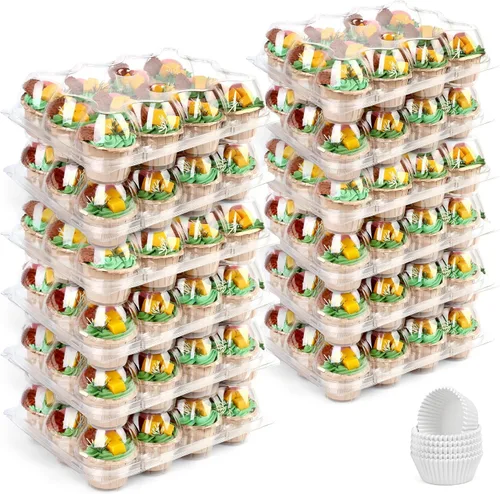 Vista 9 de LotFancy (12 unidades x 5 juegos) recipientes para cupcakes con 60 forros, cajas apilables de plástico, soporte desechable para magdalenas con tapa