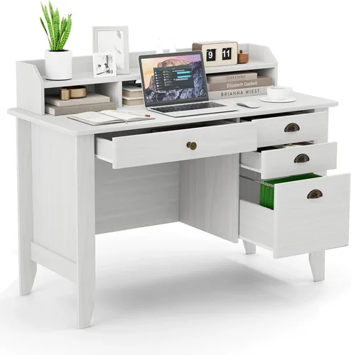 Vista 10 de Escritorio para computadora de 48 pulgadas con 4 cajones de almacenamiento y mesa ejecutiva de madera para PC y portátil Marrón