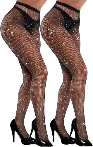 VEBZIN Medias de red brillantes y sexys con joyas de cintura alta para mujer, mallas de red de diamantes de imitación para fiesta