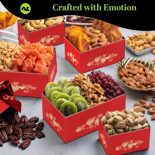 Vista 3 de NUT CRAVINGS - Cesta de regalo para el día de la madre, frutas secas y frutos secos mixtos, torre roja + cinta de corazón (12 surtidos), arreglo