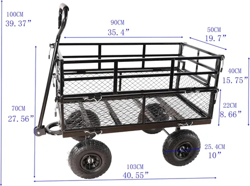 Vista 2 de Carro de jardín resistente con lados plegables, neumáticos neumáticos, mango ajustable (doble capa negra)