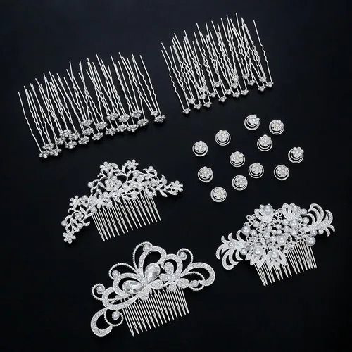 Vista 6 de Boao 56 piezas de accesorios para el cabello de novia para boda, perlas de cristal, peine para el cabello, clips de diamantes de imitación, flores