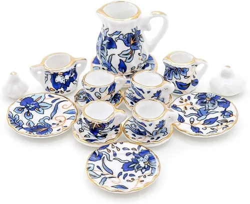 Vista 15 de Odoria Juego de té de porcelana en miniatura 1/12, 15 piezas, accesorios de decoración de casa de muñecas, flor de ciruelo