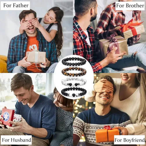 Vista 5 de RANKEEF - Pulsera de ojo de tigre para hombre, elástica, ajustable, cuentas de vidrio color negro, 516 de pulgada