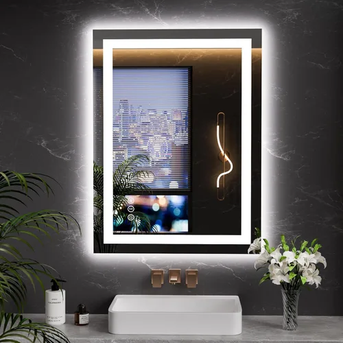 Vista 90 de LOAAO Espejo de baño LED de 28 x 36 pulgadas con luces, antiniebla, regulable, retroiluminado + iluminado frontal, espejo de tocador de baño