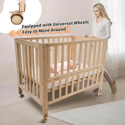 Vista 8 de Flwrgirl - Cuna de madera plegable junto a la cama - Cuna portátil 4 en 1 para bebé con colchón transpirable, cuna de 3 alturas con ruedas, cuna