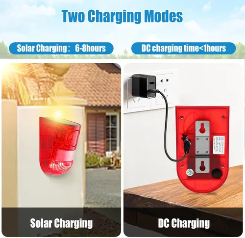 Vista 5 de Qualirey Paquete de 2 alarmas solares de sonido y luz con sensor de movimiento de 129 db, sirena de seguridad para exteriores, impermeable, detector
