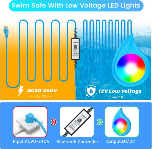 Vista 3 de LyLmLe Luces LED para piscina con control de aplicación, luces sumergibles subacuáticas regulables RGB de 20 W con imanes, 800 lm, IP68 impermeable