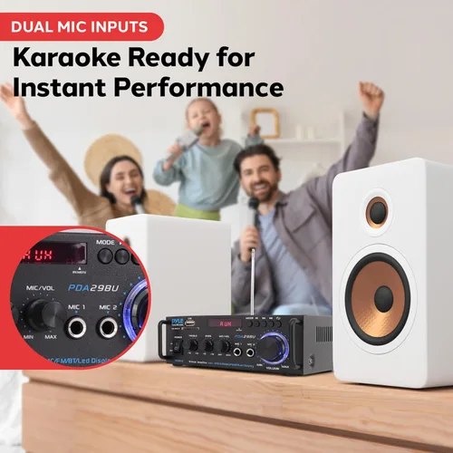 Vista 5 de Pyle Amplificador de potencia estéreo Bluetooth inalámbrico de 200 W, receptor de audio de 2 canales con RCA, USB, SD, entrada de micrófono, radio