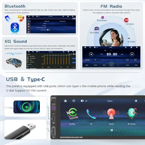 Vista 6 de Radio de coche de un solo DIN estéreo con Apple Carplay Android Auto, pantalla táctil HD de 6.9 pulgadas, receptor Bluetooth, enlace de espejo