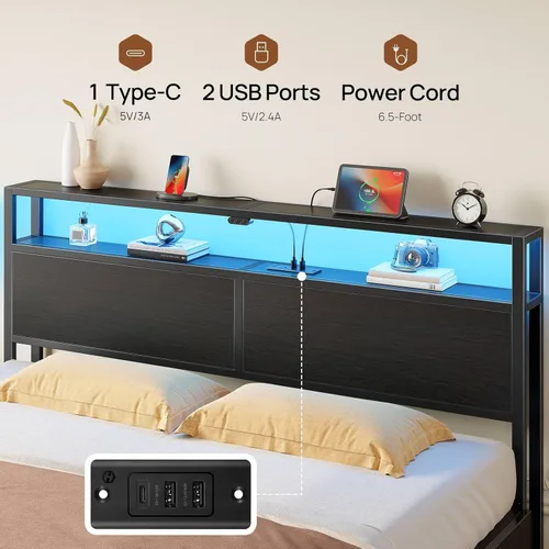 Vista 7 de Rolanstar Base de cama individual con 4 cajones de almacenamiento, estación de carga y luces LED, plataforma de metal con cabecera de almacenamiento
