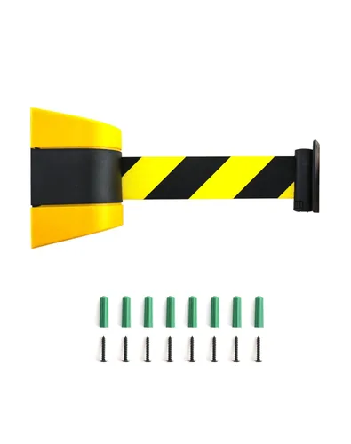 Vista 4 de QWORK Barrera de cinturón retráctil de montaje en pared fija, caja ABS de 16 pies, cinturón de seguridad negro y amarillo con tornillos