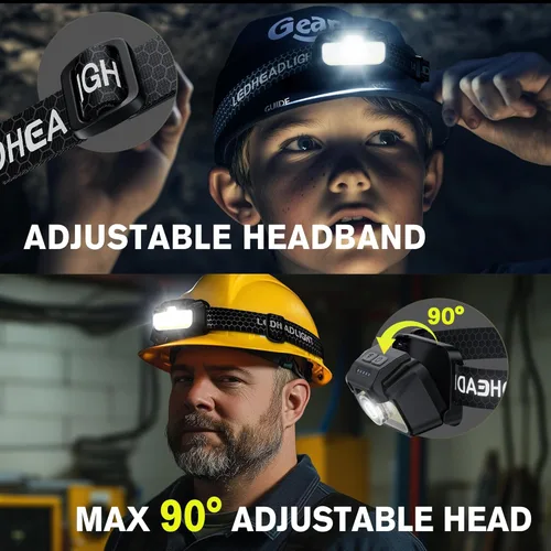 Vista 4 de Linterna frontal recargable, 1300 lúmenes, ligera, brillante, con linterna frontal blanca, verde, roja, impermeable, con sensor de movimiento, 14