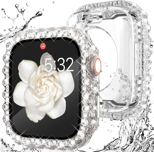 Vista 24 de Wingle 2 en 1 Funda impermeable para Apple Watch 40mm Protector de pantalla SE 3/2/1 Series 6 5 4, Bling Lace Edge Diamond Cara Cubierta Completa