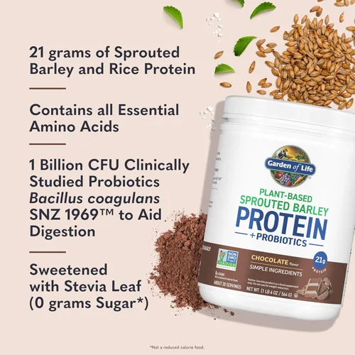 Vista 2 de Garden of Life Proteína de cebada germinada a base de plantas, chocolate con 0.74 oz de proteína, 0.00 oz de azúcar e ingredientes limpios, cebada