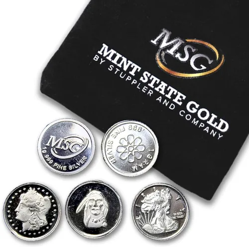 CoinFolio Cinco (5) rondas de plata fina .999 de un gramo con diseños aleatorios en una bolsa de joyería de Mint State Gold