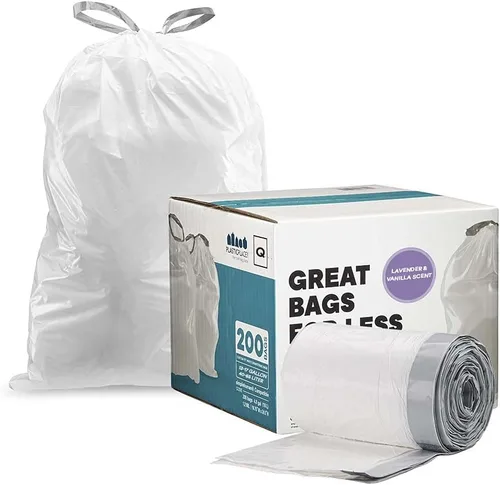 Vista 2 de Plasticplace Revestimientos para botes de basura con aroma a lavanda y vainilla suave con cordón blanco, compatibles con Code Q (200 unidades) │