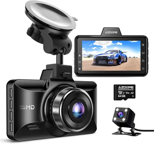 AZDOME M01 Dual Dash Cam frontal y trasera con tarjeta gratuita de 64 GB, cámara de tablero dual de pantalla de 3" para automóvil, G-Sensor ADAS